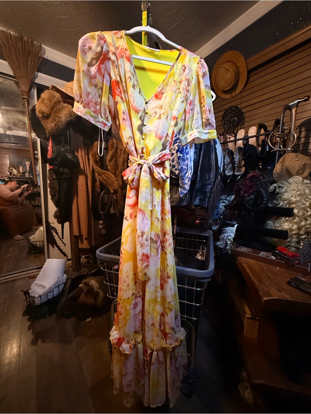 Vintage Calvin Klein Floral Tie-Waist Yellow Maxi Dress